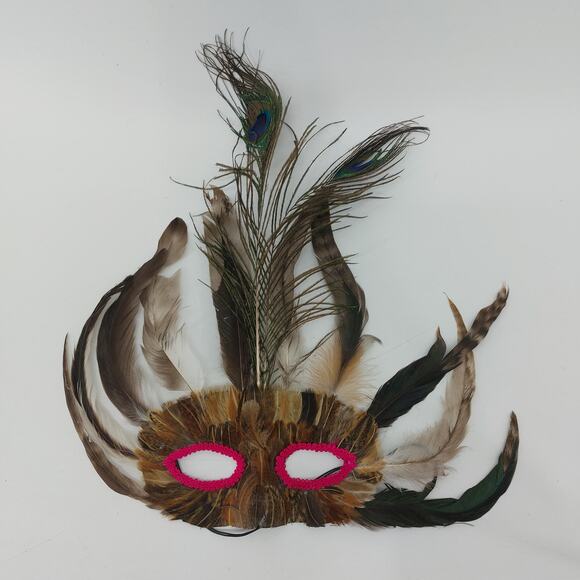 Feather Mask Peacock Feather Masquerade Mardi Gras Pink Eyes - Picture 13 of 13